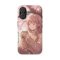 Cozy Sakura Girl Tough Phone Case — Cute Anime Phone Cover with Cherry Blossom Tea Scene